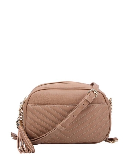 Fashion V Pattern Stitch Tassel Crossbody Bag WU121 STONE